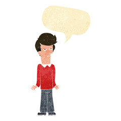 cartoon bored man shrugging shoulders with speech bubble