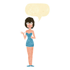 cartoon confused woman in cocktail dress with speech bubble