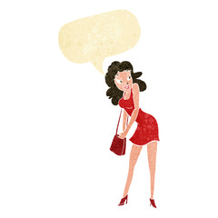 cartoon woman looking in handbag with speech bubble