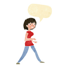 cartoon woman walking with speech bubble