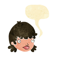 cartoon female face with surprised expression with speech bubble