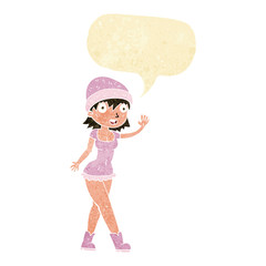 cartoon pretty girl in hat waving with speech bubble