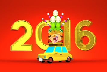2016 And Kadomatsu On Car With Red Background