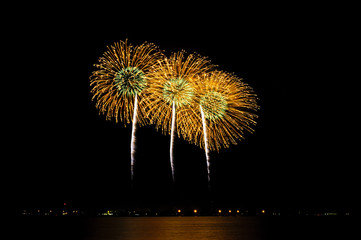 Colorful fireworks display on a warm summer night against a dark sky.  