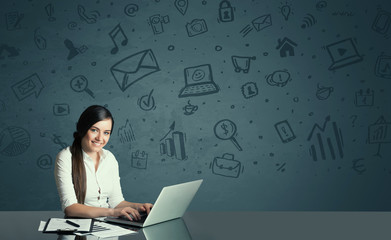 businesswoman with media icons background