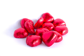 Chocolate hearts in red foil