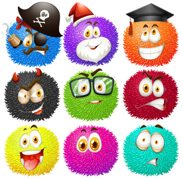 Colorful fluffy balls with faces