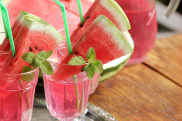 Watermelon drink in glasses with slices of watermelon