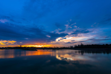 Sunset landscape with blue sky at the calm lake