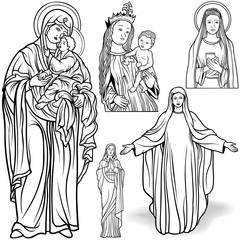Virgin Mary Set - Black and White Outlined Illustrations, Vector