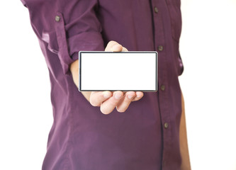 Hand Holding Mobile Phone with Blank Screen