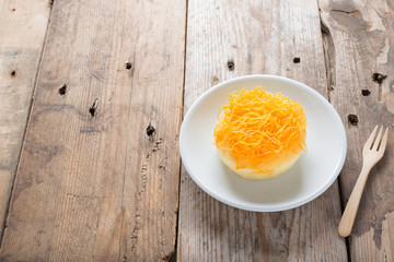 Thai Dessert, Foi-thong cake on wood background.