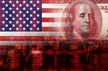 Shares Fall Graph on United States of America Flag with one hundred dollars bill