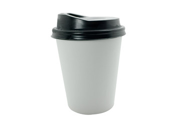 White paper coffee cup with black plastic lid