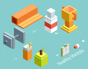 Isometric vector illustration of icons for fitness and diet