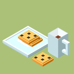 isometric cup of coffee or tea and chocolate chip cookies