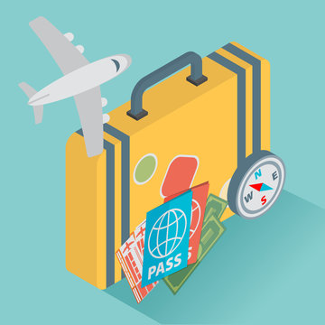 isometric travel with airplane illustration design concept 