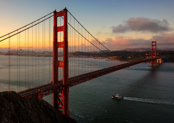 Famous Golden Gate Bridge in San Francisco at sunrise, California