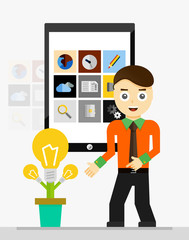 Mobile app startup idea. Young businessman showing growing plant