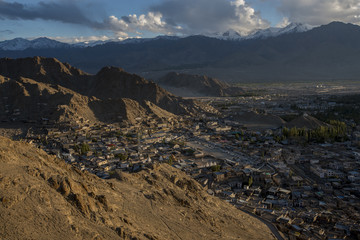 View of Leh city during sunset take from Namgyal Tsemo Gompa Ladakh ,India.