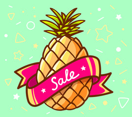 Vector illustration of colorful yellow pineapple with red ribbon