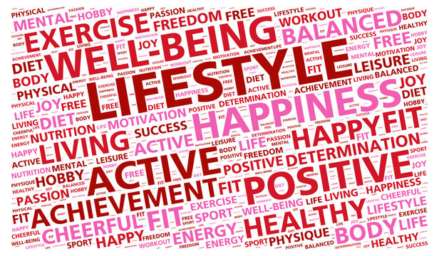 Lifestyle word cloud emphasizing healthy living