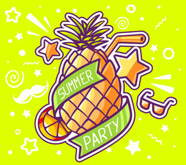 Vector illustration of colorful yellow pineapple with ribbon and