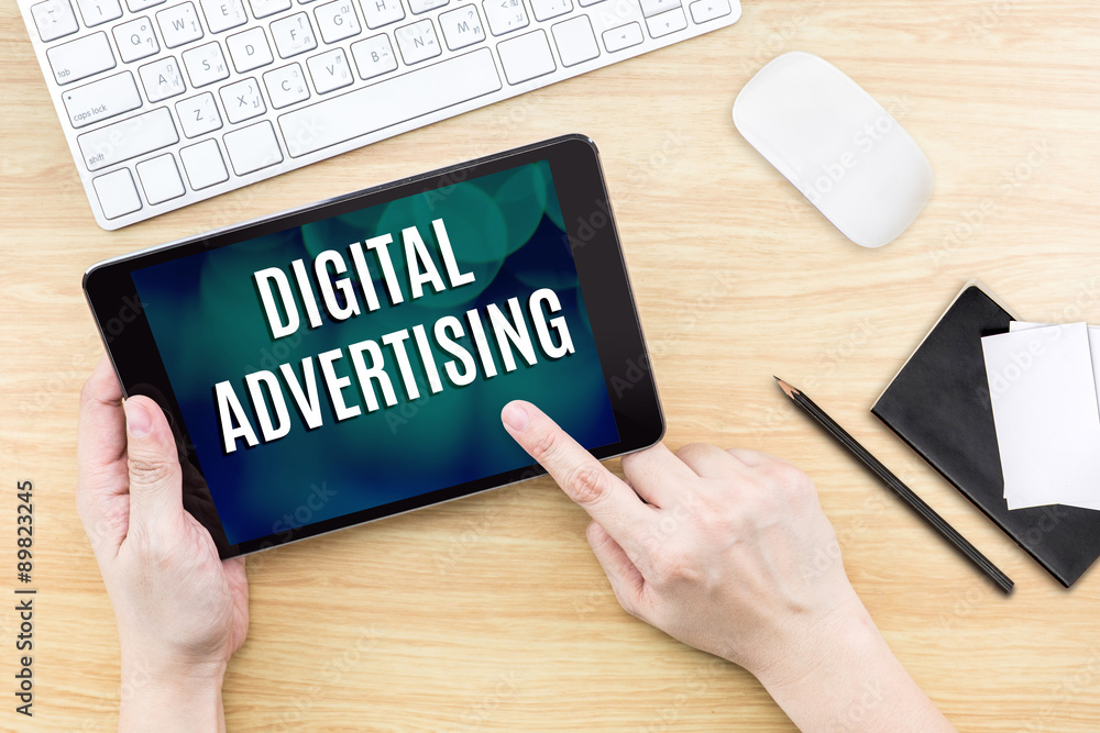Poster finger click screen with digital advertising word with keyboard
