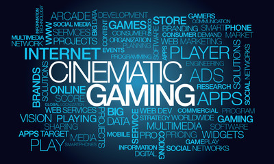 Cinematic gaming words tag cloud text video games console platform