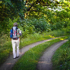 Traveler with a backpack and hiking sticks.