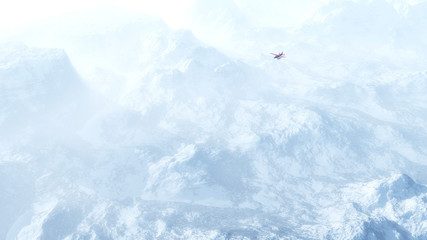 Small red airplane flying over snow mountains in the mist. High - obrazy, fototapety, plakaty