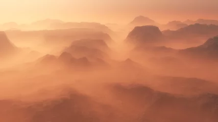 Foto op Canvas Mountain range glowing in the mist at sunrise. Aerial view. © ysbrandcosijn