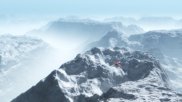 Red private airplane over misty winter mountain landscape.
