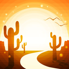 Abstract summer landscape with desert, road and cacti.
