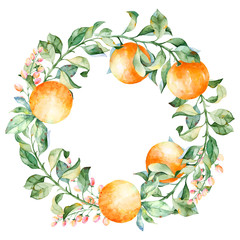Vector round frame of watercolor orange and flowers. Watercolor illustration wreath 