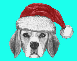 Portrait of Beagle Dog with Santa Hat. Hand drawn illustration.