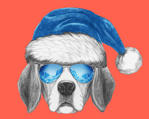Portrait of Beagle Dog with Santa Hat and sunglasses. Hand drawn illustration.