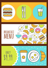 Set of vector banners with food background. Menu design for cafe