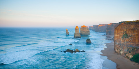 Panorama of the landmark Twelve Apostles along the famous Great Ocean Road, Victoria, Australia at dawn