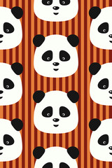 Vector seamless pattern with funny pandas on red vertical stripes background