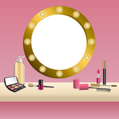 Background beige mirror pink cosmetics make up lipstick mascara eye shadows nail polish frame illustration vector