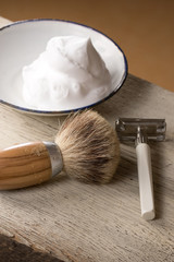 vintage shaving Equipment on wooden Table