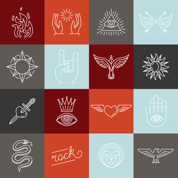 Vector set of trendy linear hipster icons and symbols