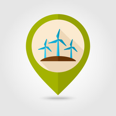 Windmill flat mapping pin icon with long shadow