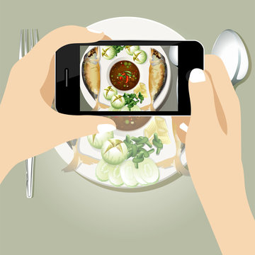 Vector illustration Smartphone taking picture of Fried Mackerel