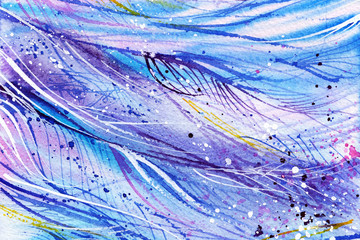 blue purple wave, line, feathers, wind, abstract watercolor background
