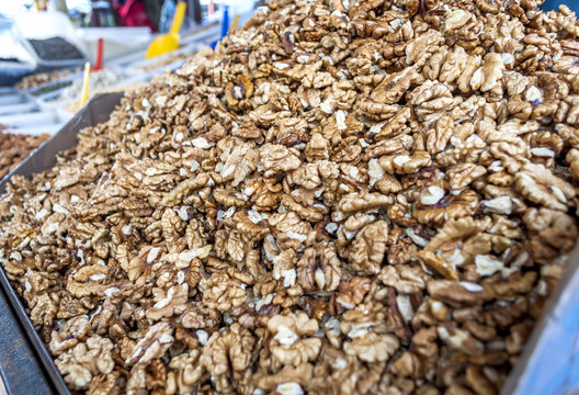 Dried walnuts in market, addition to the dishes and cakes