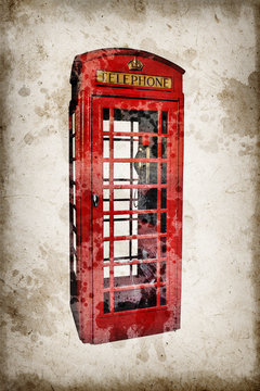 London red phone booth isolated on vintage grunge sepia paper background