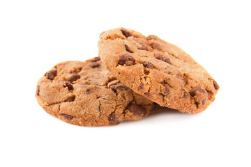 two chocolate cookies closeup on a white background