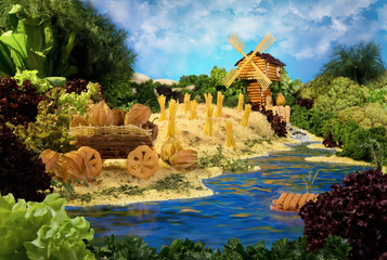 Landscape with windmill made from food